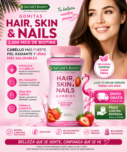 GOMITAS NATURE'S BOUNTY HAIR, SKIN & NAILS 2,500 MCG DE BIOTINA PARA CABELLO, PIEL Y UÑAS - 80 GUMMIES